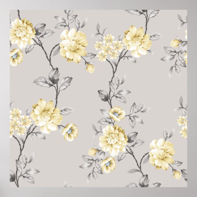cute yellow flowers with grey leaves pattern on gr poster (Front)