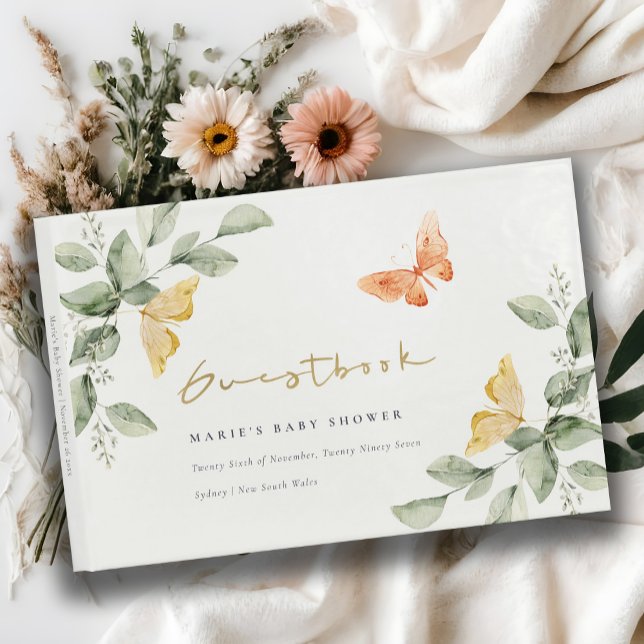 Cute Yellow Garden Foliage Butterflies Baby Shower Guest Book (Creator Uploaded)