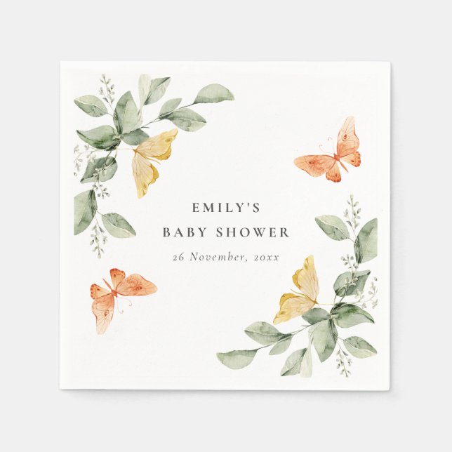 Cute Yellow Garden Foliage Butterflies Baby Shower Napkins (Front)