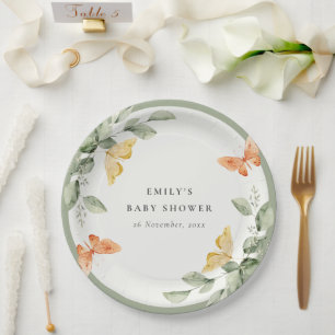 Cute Yellow Garden Foliage Butterflies Baby Shower Paper Plates
