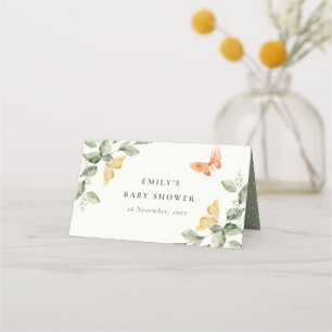 Cute Yellow Garden Foliage Butterflies Baby Shower Place Card