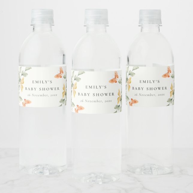 Cute Yellow Garden Foliage Butterflies Baby Shower Water Bottle Label (Bottles)