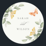 Cute Yellow Garden Foliage Butterflies Wedding Classic Round Sticker<br><div class="desc">If you need any further customisation please feel free to message me on yellowfebstudio@gmail.com.</div>