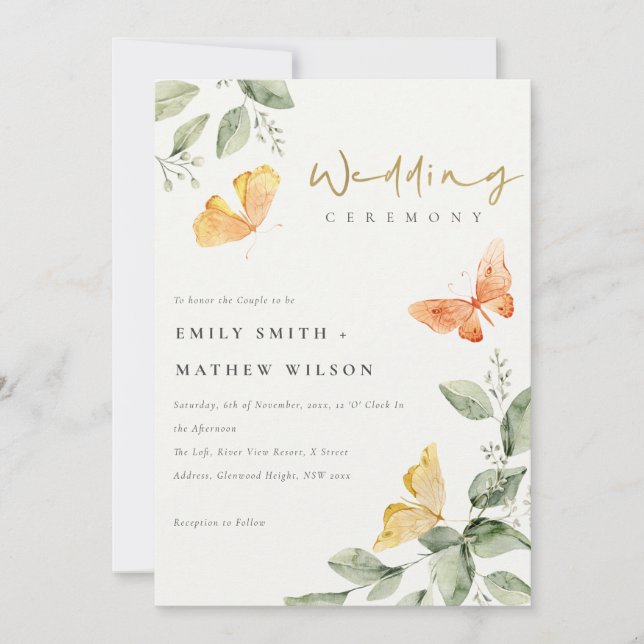 Cute Yellow Garden Foliage Butterflies Wedding Invitation (Front)