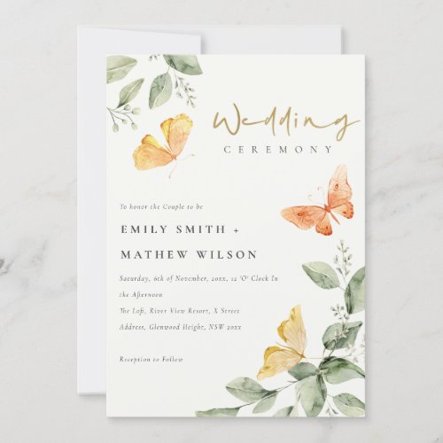 Cute Yellow Garden Foliage Butterflies Wedding Invitation