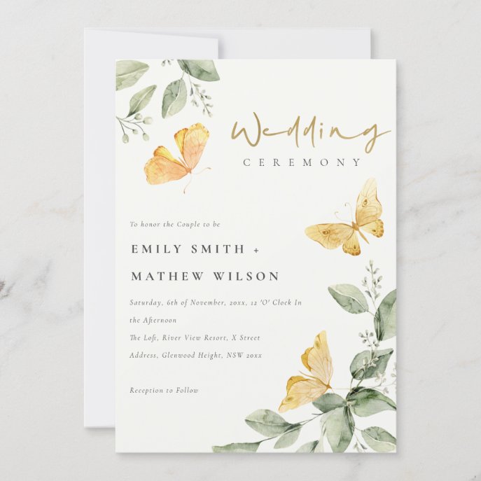 Cute Yellow Garden Foliage Butterflies Wedding Invitation