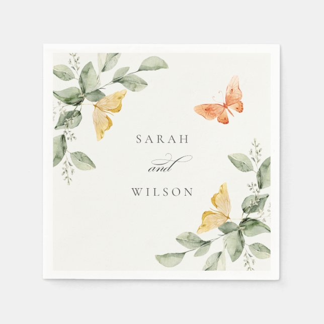 Cute Yellow Garden Foliage Butterflies Wedding Napkins (Front)