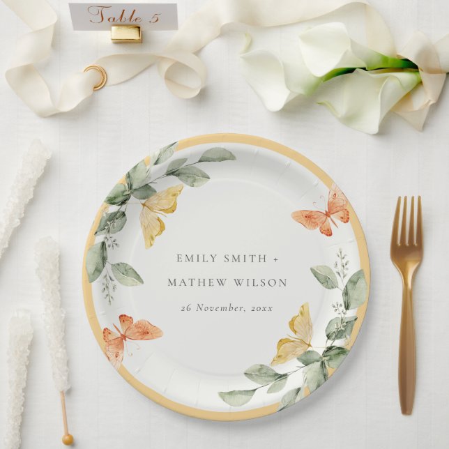 Cute Yellow Garden Foliage Butterflies Wedding Paper Plates (Wedding)