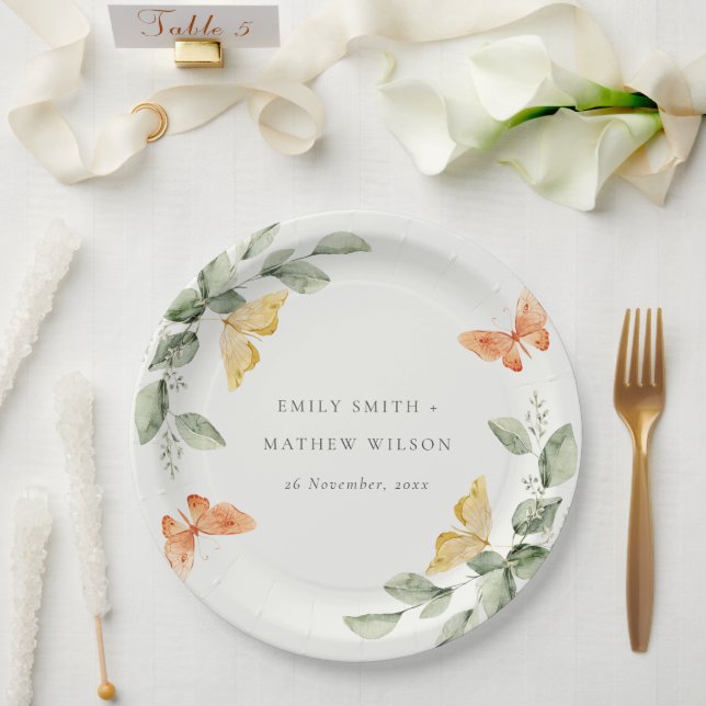 Cute Yellow Garden Foliage Butterflies Wedding Paper Plates (Wedding)