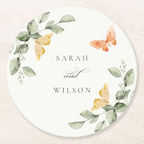 Cute Yellow Garden Foliage Butterflies Wedding Round Paper Coaster