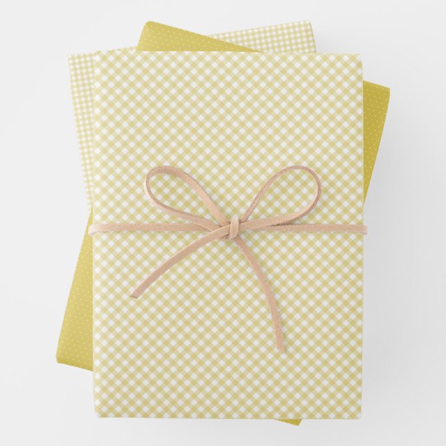 Cute yellow gingham and dots simple classic baby wrapping paper sheets (In situ)
