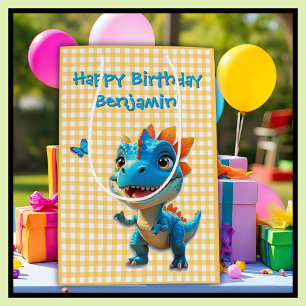 Cute Yellow Gingham Blue Dinosaur Boy Birthday Medium Gift Bag