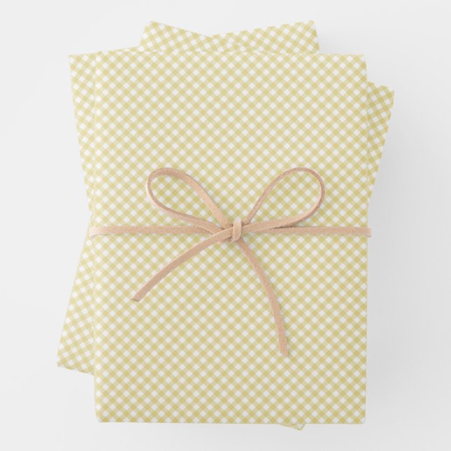 Cute yellow gingham simple classic checks baby wrapping paper sheets (In situ)