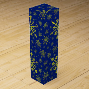 Cute Yellow Gold Christmas Snowflakes on Blue Wine Box
