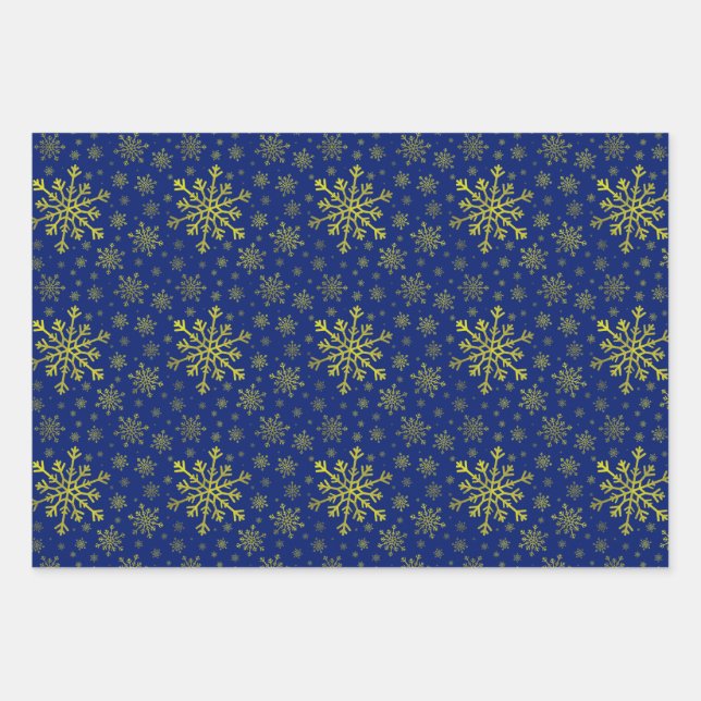 Cute Yellow Gold Christmas Snowflakes on Blue Wrap Wrapping Paper Sheets (Front)