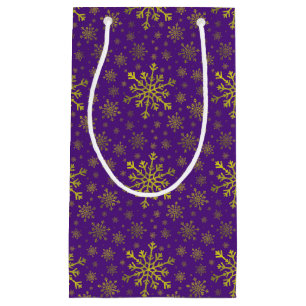 Cute Yellow Gold Christmas Snowflakes on Purple Small Gift Bag