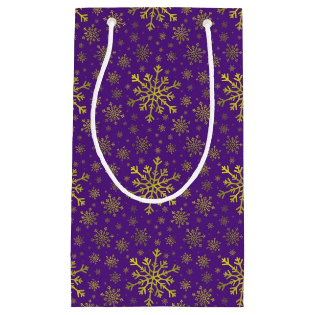 Cute Yellow Gold Christmas Snowflakes on Purple   Small Gift Bag (Front)