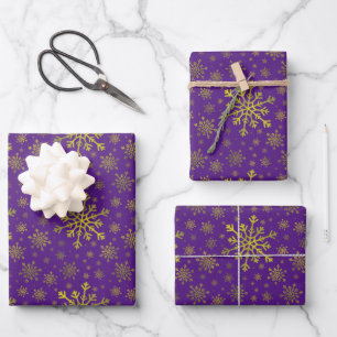 Cute Yellow Gold Christmas Snowflakes on Purple Wr Wrapping Paper Sheets