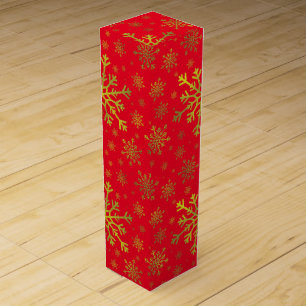 Cute Yellow Gold Christmas Snowflakes on Red Wine Box