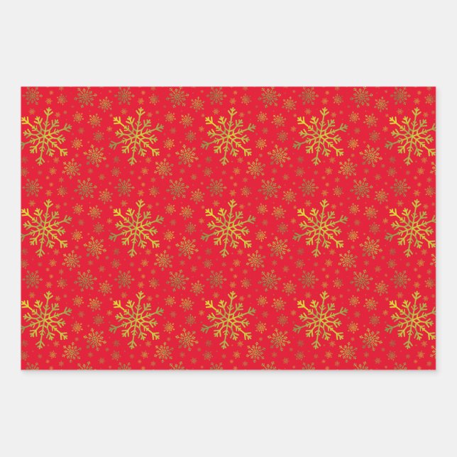 Cute Yellow Gold Christmas Snowflakes on Red Wrapp Wrapping Paper Sheets (Front)