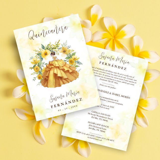 Cute Yellow Gown Garland Spanish Photo Mis XV Invitation (Creator Uploaded)