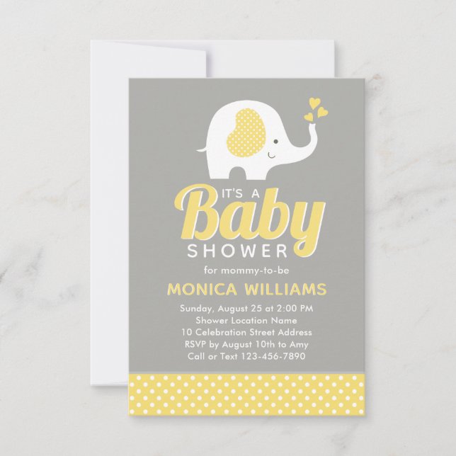 Cute Yellow Gray Elephant Baby Shower Invitation (Front)