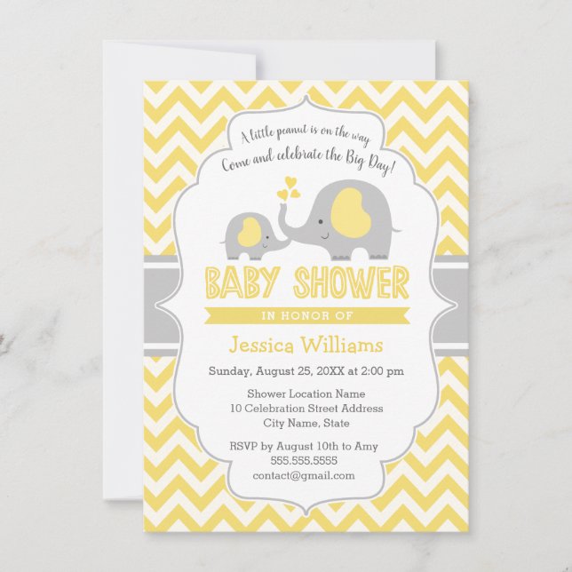 Cute Yellow Gray Elephant Neutral Baby Shower Invitation (Front)