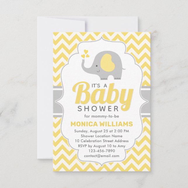 Cute Yellow Gray Elephant Neutral Baby Shower Invitation (Front)