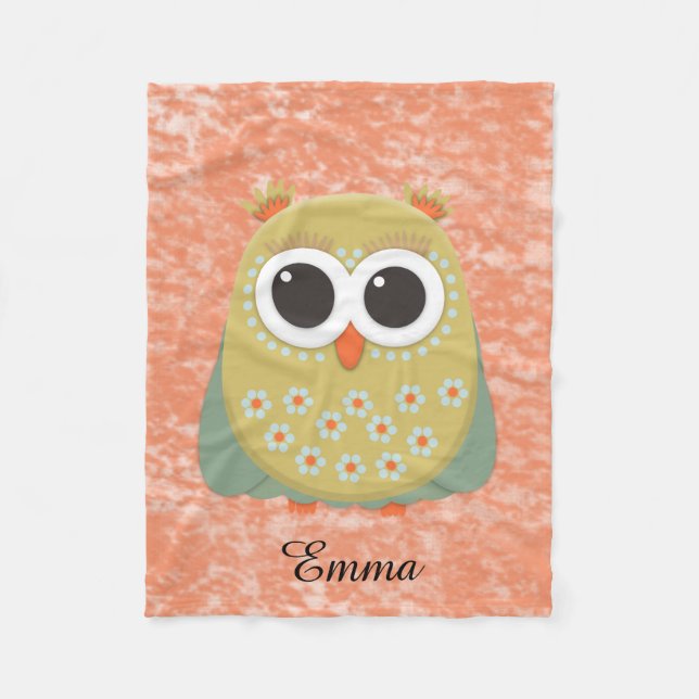 Cute Yellow Green Orange Owl Personalized Fleece Blanket (Front)