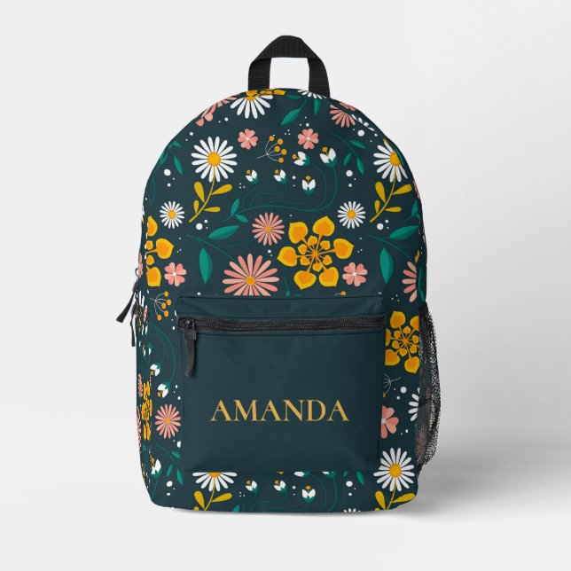 Cute Yellow Green Pretty Floral Print With Name Printed Backpack (Front)