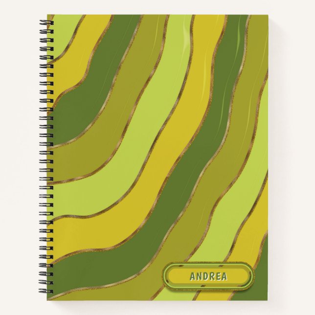 Cute Yellow Green Tones Wavy Stripes Personalized Notebook (Front)