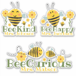 Cute Yellow Green Watercolor Bees Teacher Sayings Sticker