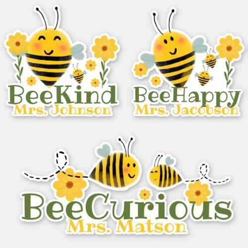 Cute Yellow Green Watercolor Bees Teacher Sayings Sticker