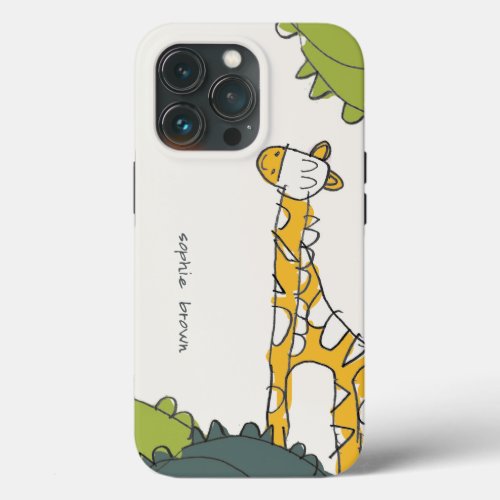 Cute Yellow Green Wild Jungle Giraffe Kid Drawn iPhone 13 Pro Case
