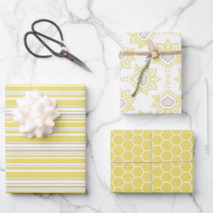 Cute Yellow Grey Geometric Bee Stripes Pretty Wrapping Paper Sheets