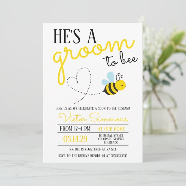 Cute Yellow Groom to Bee Wedding Shower Invitation (Standing Front)