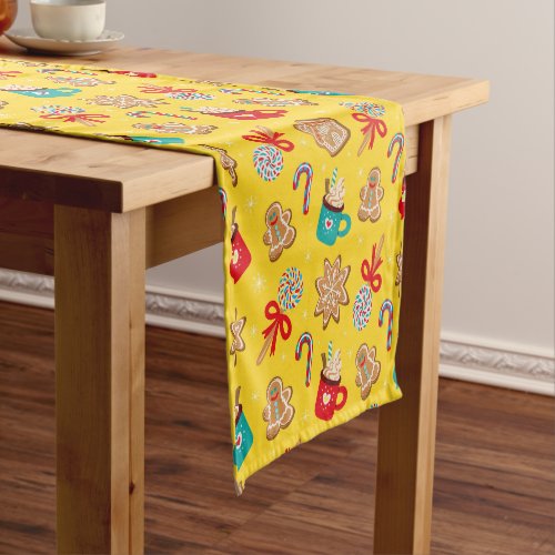 Cute Yellow Groovy Christmas Candy Gingerbread Short Table Runner
