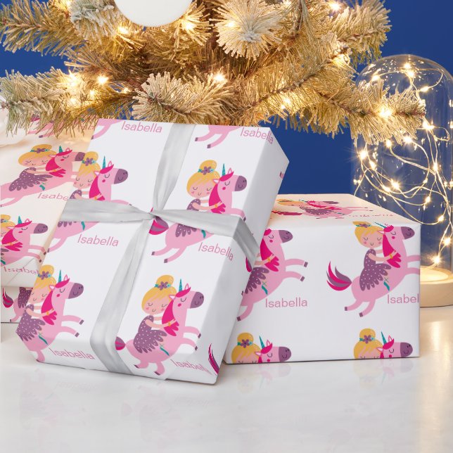Cute Yellow Haired Girl Riding on a Unicorn Wrapping Paper (Holidays)
