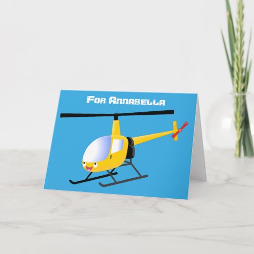 Cute yellow happy cartoon helicopter card