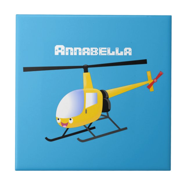 Cute yellow happy cartoon helicopter ceramic tile (Front)