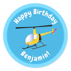 Cute yellow happy cartoon helicopter classic round sticker