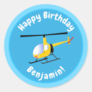 Cute yellow happy cartoon helicopter classic round sticker