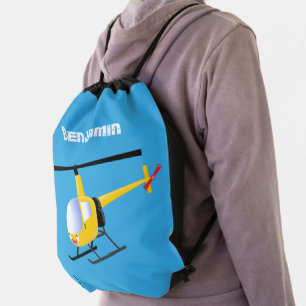 Cute yellow happy cartoon helicopter drawstring bag