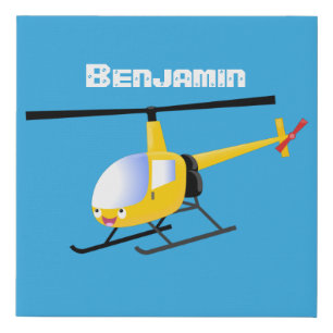 Cute yellow happy cartoon helicopter faux canvas print