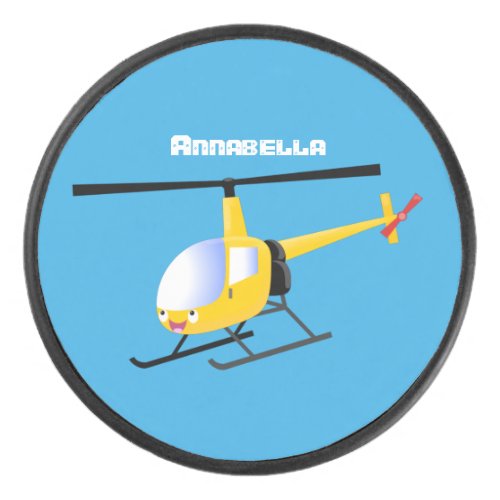 Cute yellow happy cartoon helicopter hockey puck