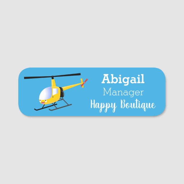 Cute yellow happy cartoon helicopter  name tag (Front)