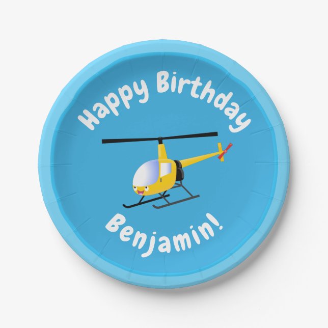 Cute yellow happy cartoon helicopter paper plates (Front)