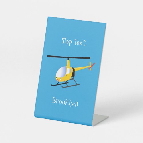 Cute yellow happy cartoon helicopter pedestal sign