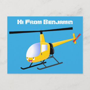 Cute yellow happy cartoon helicopter postcard