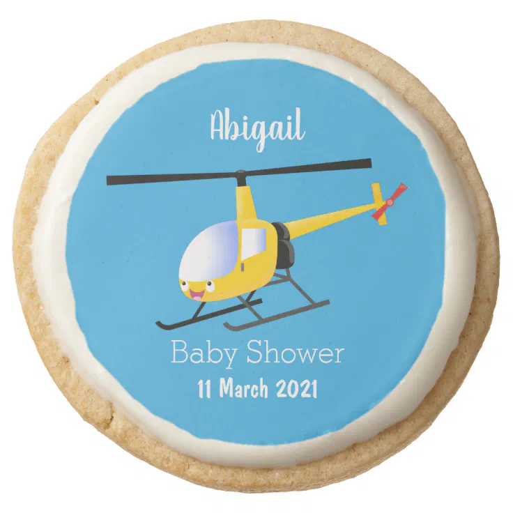 Cute yellow happy cartoon helicopter round shortbread cookie | Zazzle
